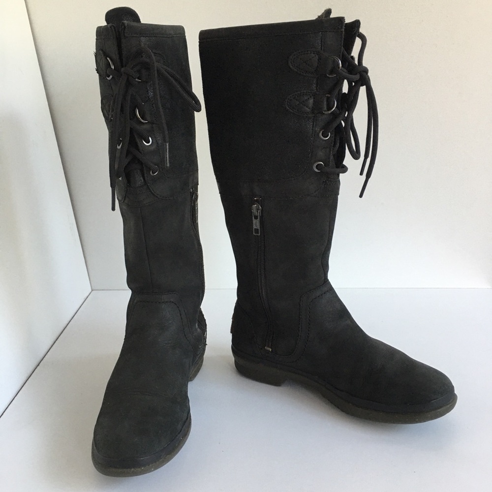 UGG Women US 5.5 Elsa Black Leather High Boots